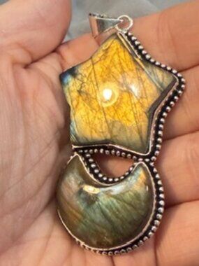 Labradorite Star and Moon Pendant Gold Flash Stone Silver Tone 3"